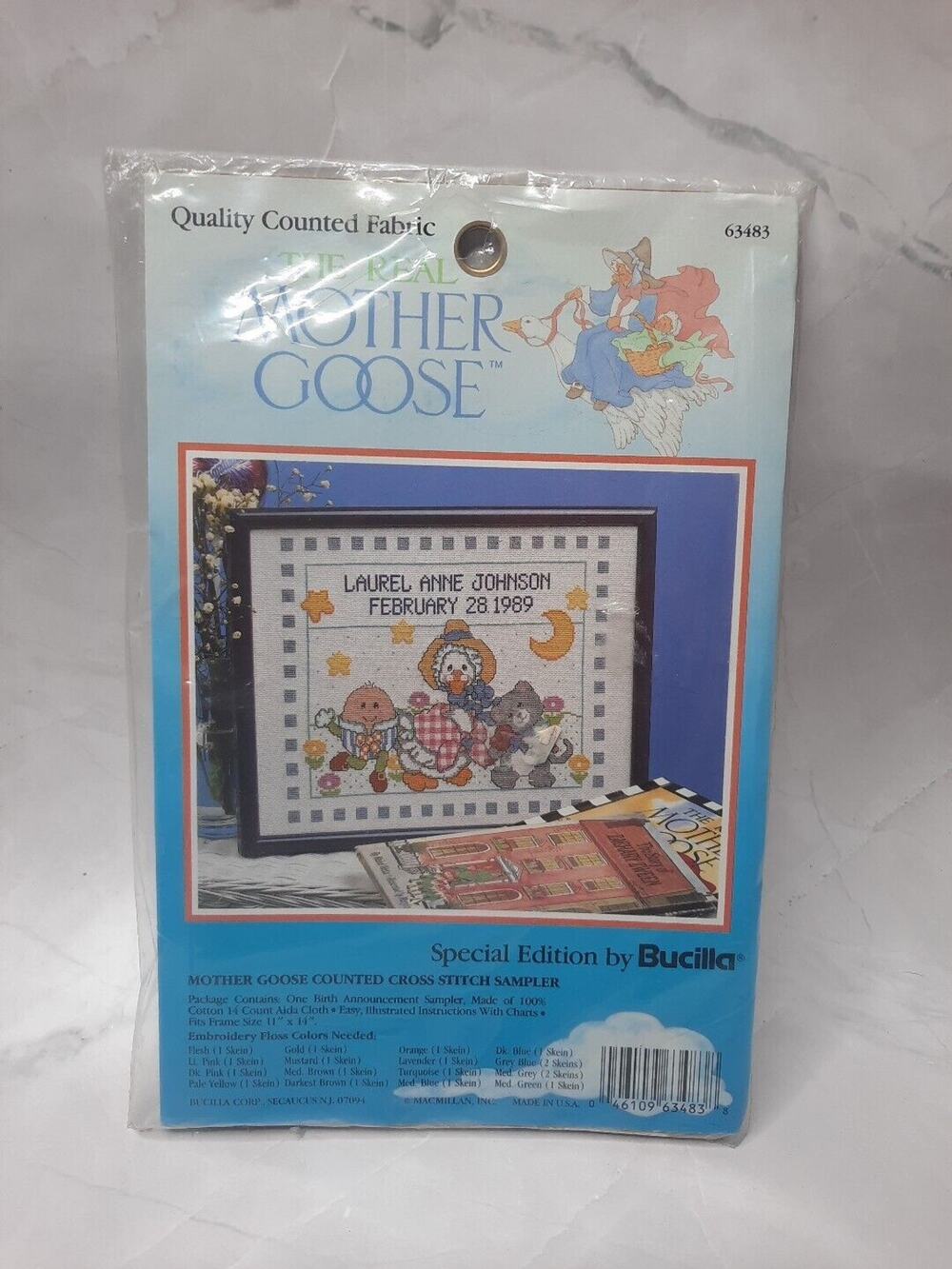 Bucilla Mother Goose Counted Cross Stitch Sampler 63483 Birth Announcement